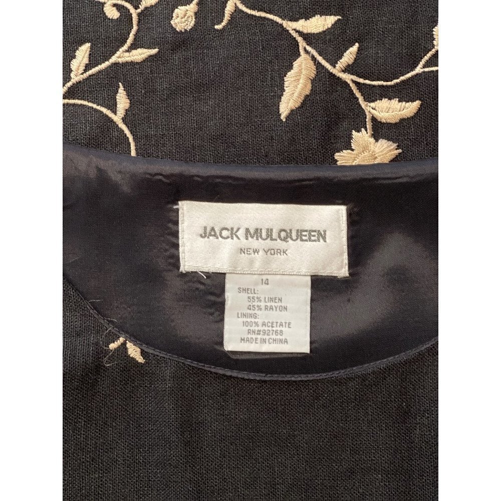Vintage JACK MULQUEEN NY Women's Size 14 Black Linen Sheath Dress Tan Embroidery - Picture 4 of 8